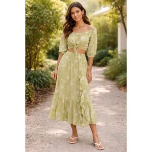 Etiquette Green Floral Off Shoulder Crop Top & Maxi Skirt Set S Boho - B018